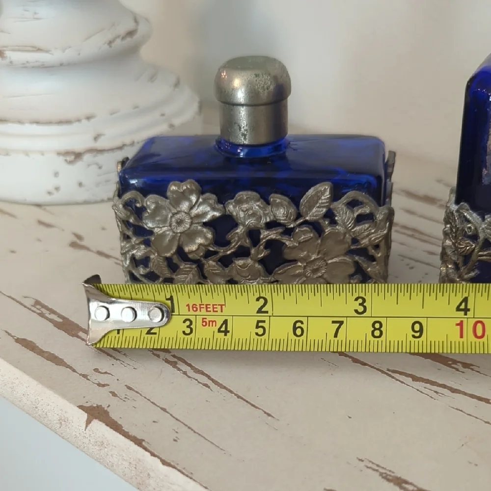 💙 Vintage Cobalt Blue Pewter Refillable Boudoir Perfume Bottles – Set of Two - Picture 10 of 12